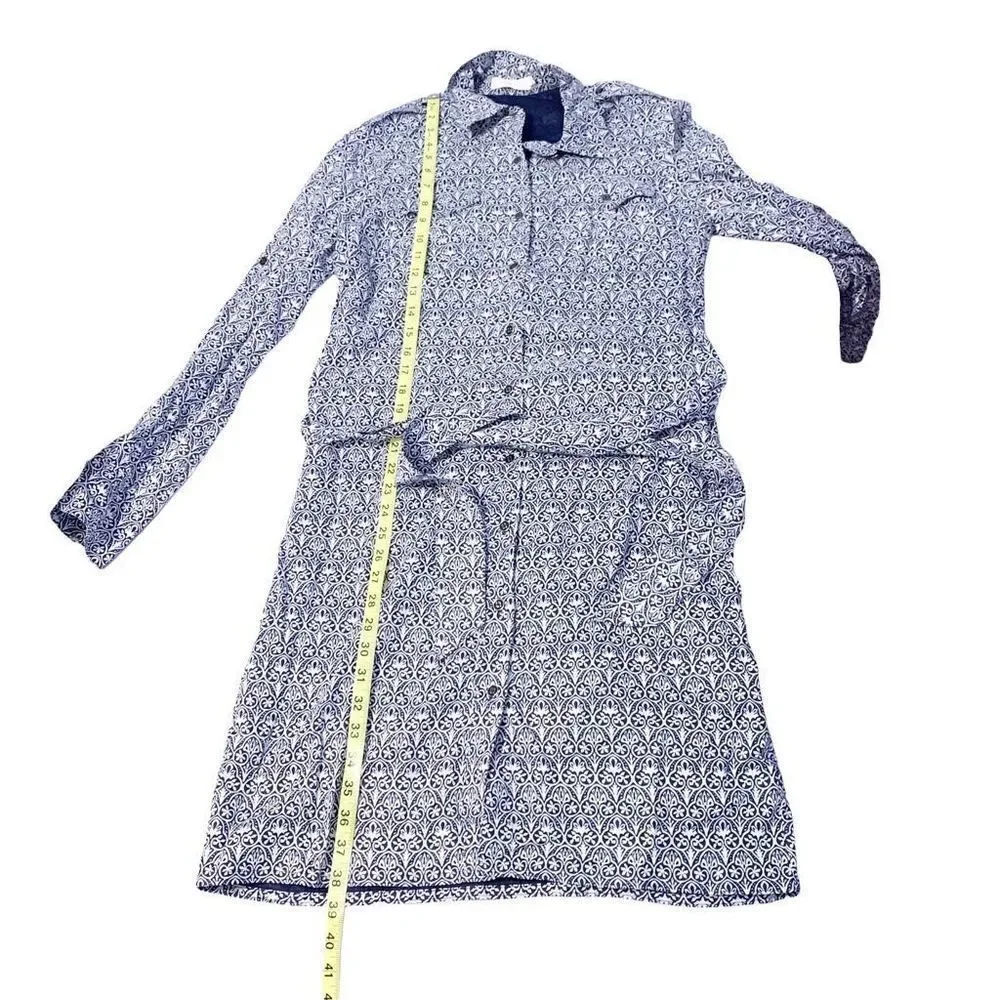 Tory Burch Blue Tile Printed White Button Up Belted Long Sleeve Work Dress Siz 8